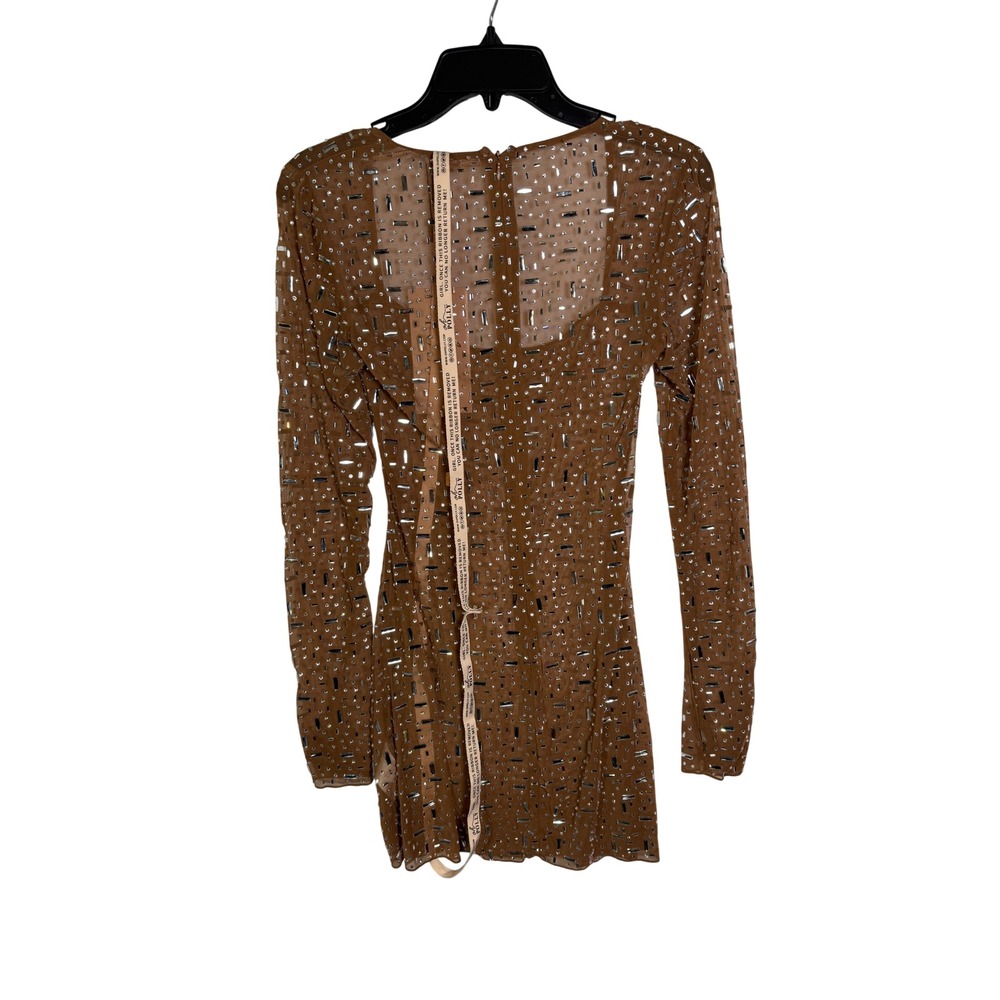 Oh Polly Brown Embellished Mesh Dress Rhinestone Square Neck Long Sleeve US 4 - Picture 5 of 8